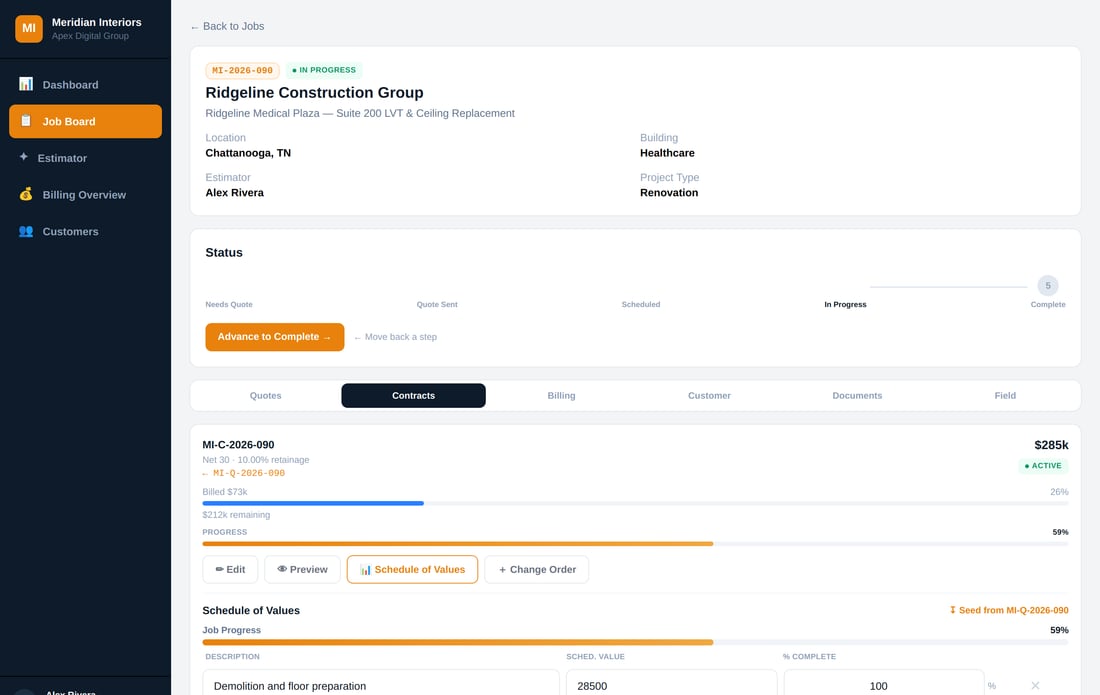 The job and billing platform showing a contract worth $285,000 with a schedule of values, weighted job progress at 59 per cent, and per-line completion percentages.
